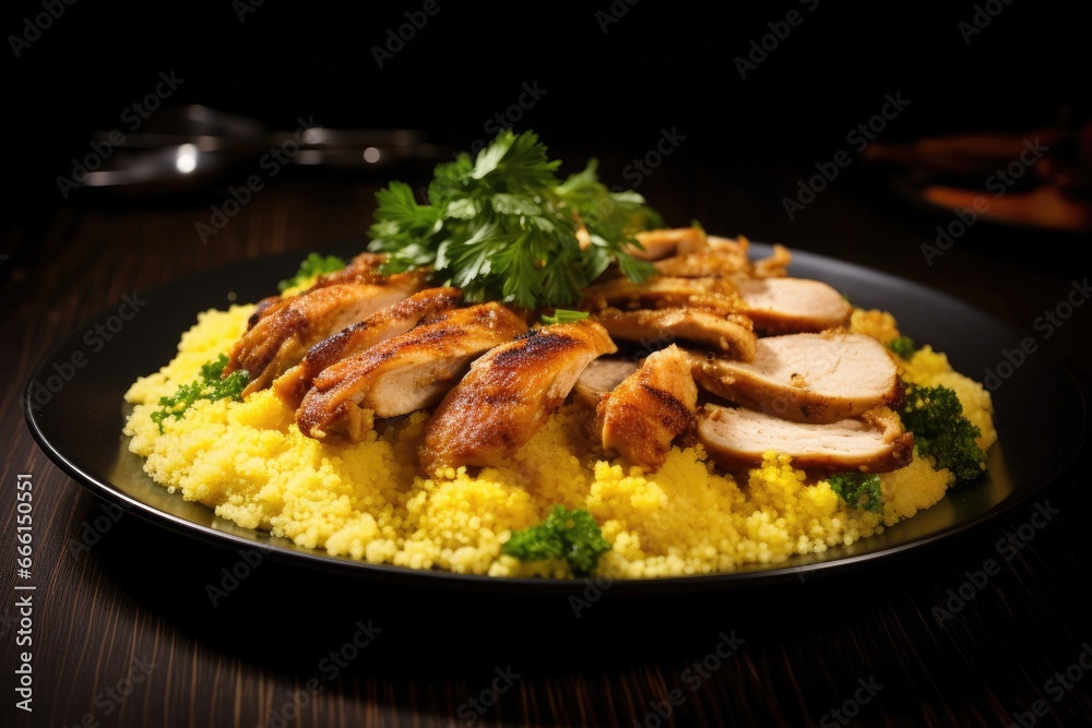 Fototapeta premium Sliced chicken and couscous garnished with parsley on a black plate.
