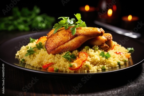 Sliced chicken and couscous garnished with parsley on a black plate.