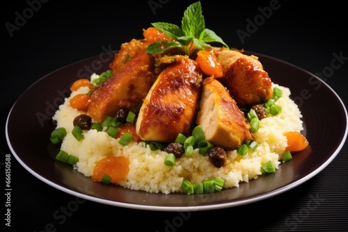 Sliced chicken and couscous with vegetables, served on a black plate.