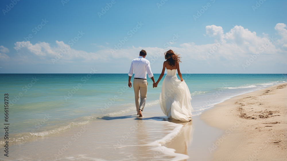 wedding couple walking on sandy beach. happy bride and groom on the sand. wedding couple walking on sandy beach. happy bride and groom on the sand.