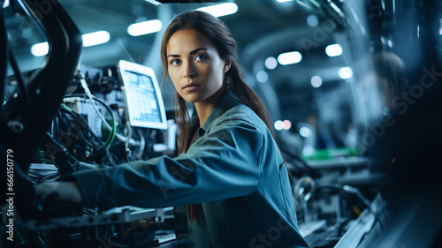  young woman in uniform working in the factory