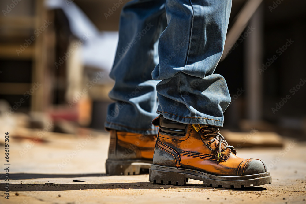 Close up generative AI photo of male person standing outdoors on a farm in dirty working footwear Close up generative AI photo of male person standing outdoors on a farm in dirty working footwear