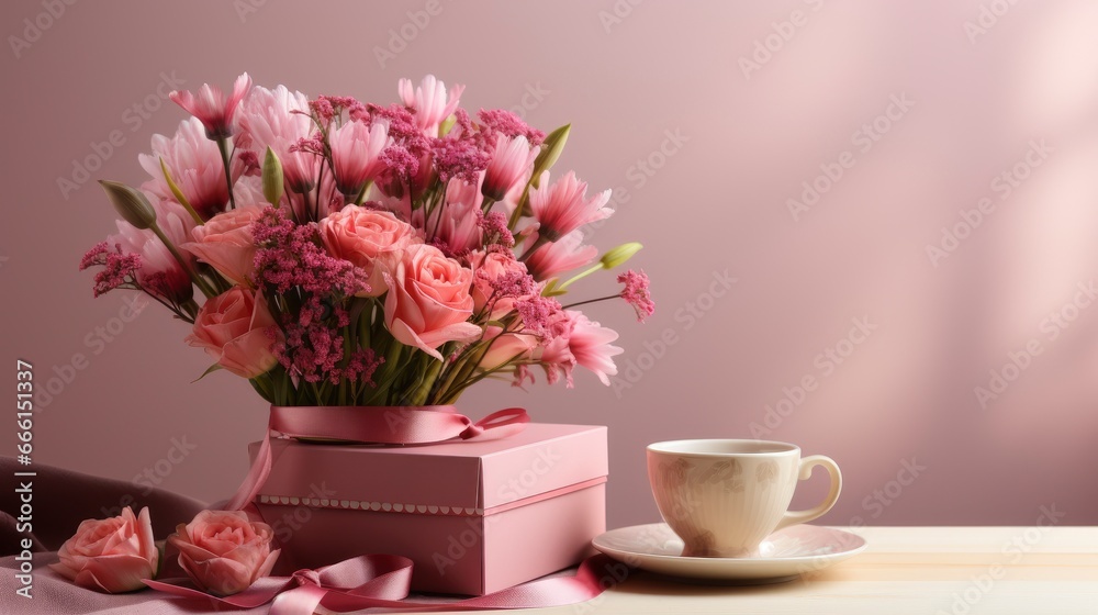 Happy Womens Day Text Stylish Gift Box With Flowers, Background Image Happy Womens Day Text Stylish Gift Box With Flowers, Background Image