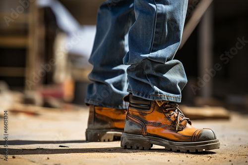 Close up generative AI photo of male person standing outdoors on a farm in dirty working footwear