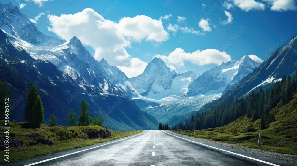 A serpentine mountain road with towering, snow-capped peaks A serpentine mountain road with towering, snow-capped peaks
