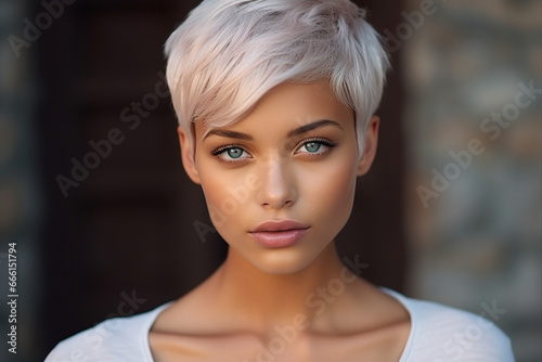 Generative AI picture of stunning lady with short stylish haircut dyed hair walking in a tropical country photo