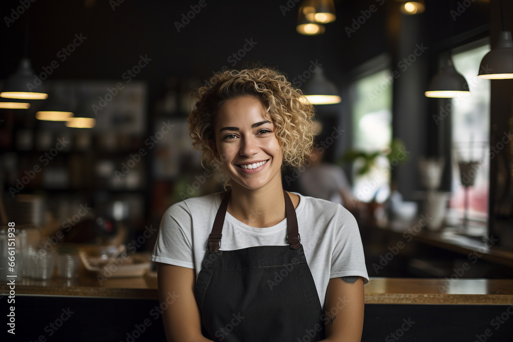 Young beautiful girl waitress standing in trendy cafeteria cafe Generative AI technology