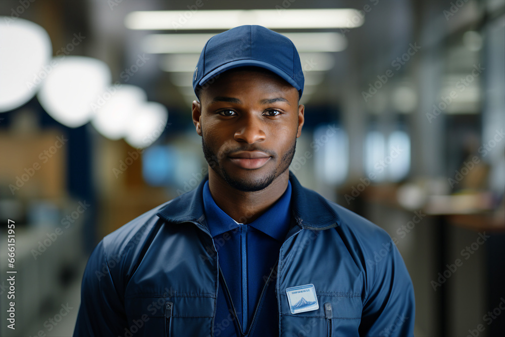 Generative AI image of black man mail carrier postman in the warehouse Generative AI image of black man mail carrier postman in the warehouse