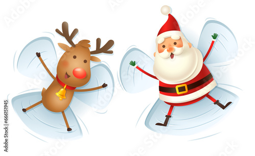 Santa Claus and Reindeer making Snow Angels - vector illustration isolated od transparent background