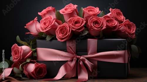  Pink Roses Bouquet Packed Red Box Placed Black Stone  Background Image 