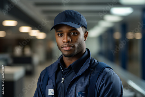 Generative AI image of handsome man postman mail carrier wear uniform standing in the warehouse