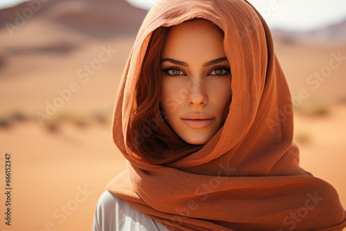 Beautiful arabic woman wearing veil in sandy desert Generative Ai illustration