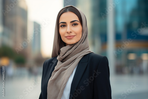 Muslim woman in hijab clothes in office building modern woman modern world generative AI © Tetiana