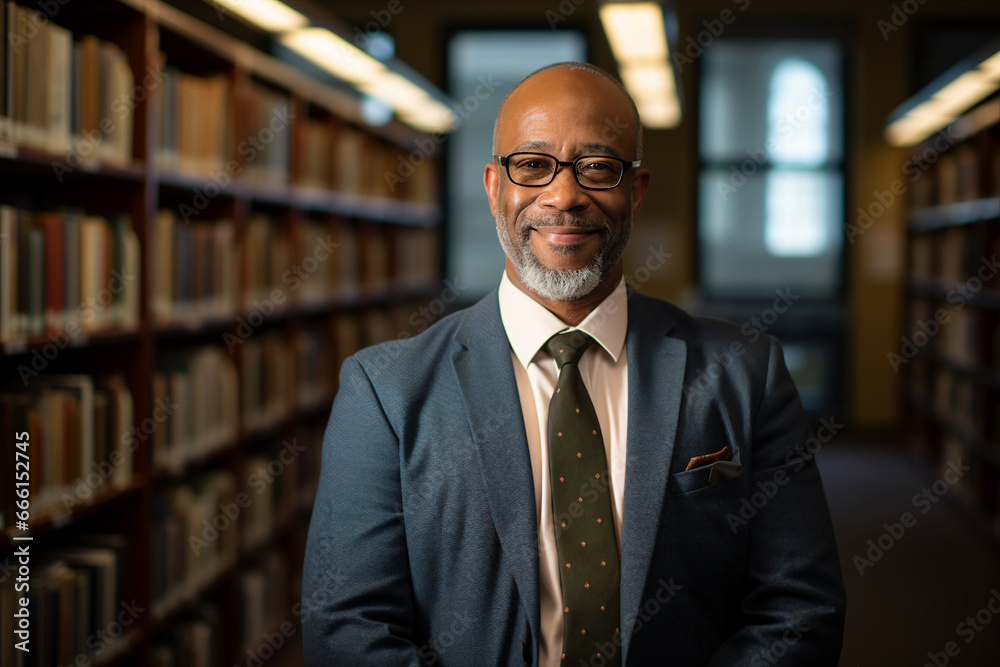 Generative AI photo of handsome happy man professional instructor scientist against a library bookshelf background Generative AI photo of handsome happy man professional instructor scientist against a library bookshelf background