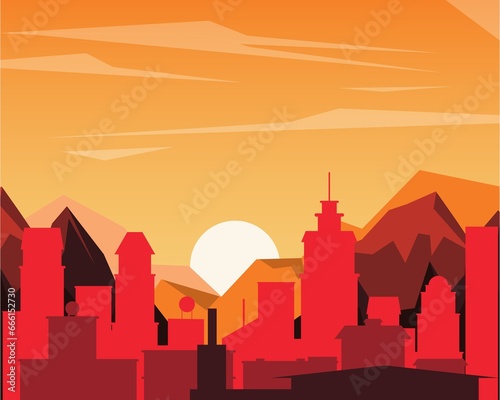 Red Orange Illustration Cityscape Canvas Print, Wallpaper, Poster, banner, Flyer, Background, illustration