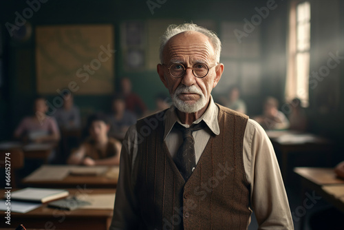 Photo of senior handsome old man standing in class room sunshine day educational settings  background generative AI photo