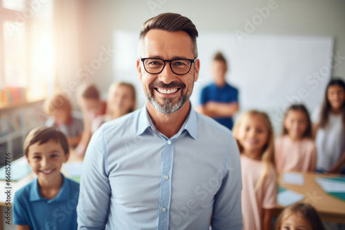 Portrait of confident teacher in the modern class room at the elementary school created by generative AI