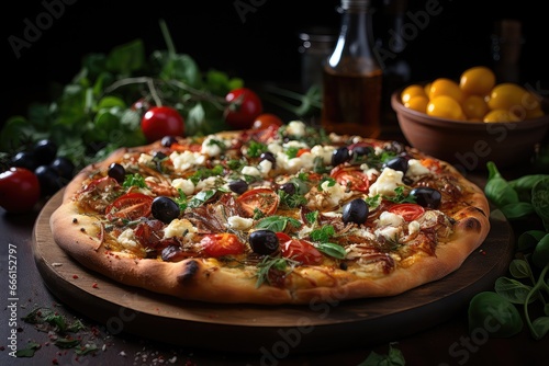 Mediterranean Pizza with Olives and Feta Cheese.