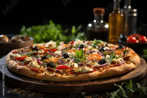 Mediterranean Pizza with Olives and Feta Cheese.