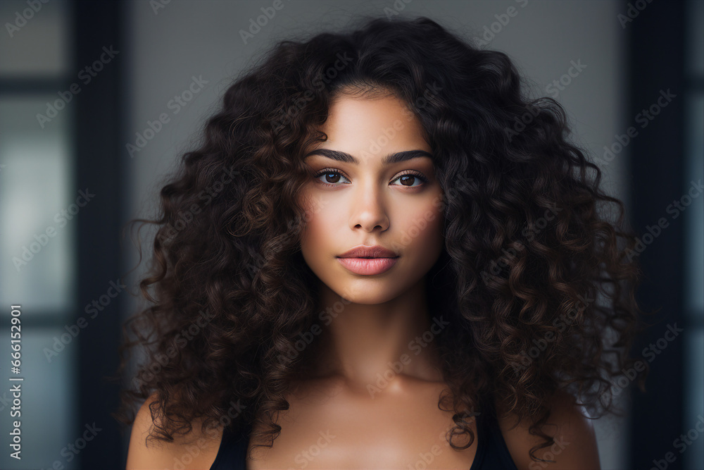 Generative AI picture of Young beautiful girl model demonstrating perfect styling curly hair Generative AI picture of Young beautiful girl model demonstrating perfect styling curly hair