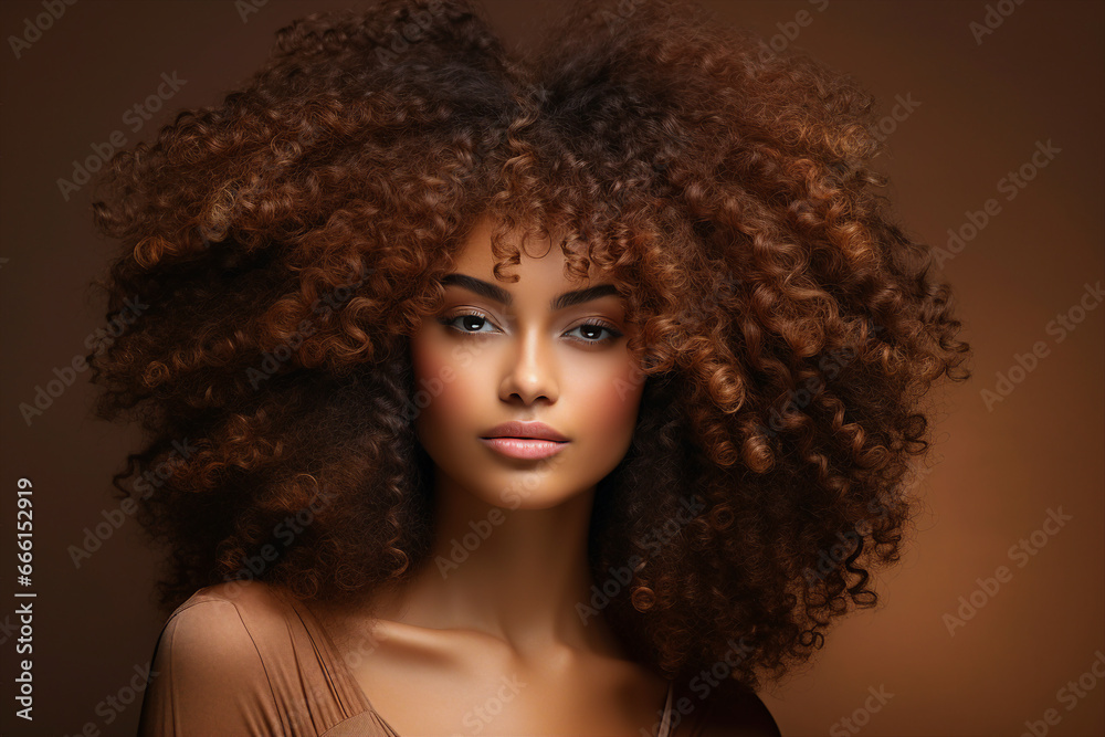 Fototapeta premium Generative AI picture of Young beautiful girl model demonstrating perfect styling curly hair