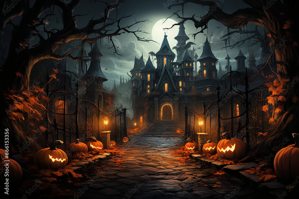Picture generative AI of mysterious city moonlight sky mysterious halloween night Picture generative AI of mysterious city moonlight sky mysterious halloween night