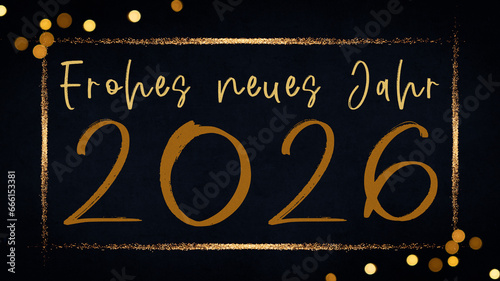 Frohes neues Jahr 2026, Neujahr Silvester Grußkarten Feier Karte mit Text, deutsch - Goldene Jahreszahl, Rahmen und Bokeh Lichter, schwarzer Hintergrund photo