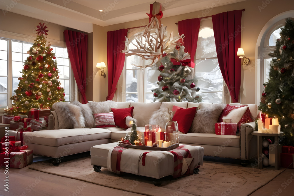 Christmas decorated living room, Christmas tree and cozy couch, Christmas lights and candles Christmas decorated living room, Christmas tree and cozy couch, Christmas lights and candles