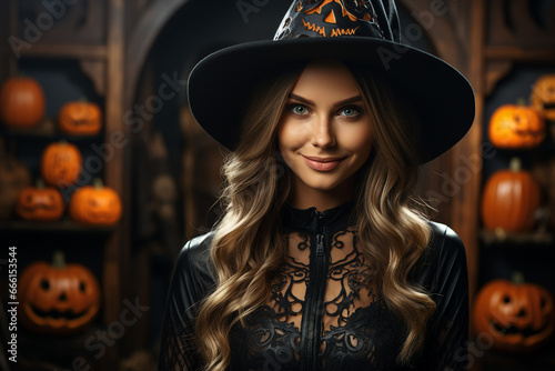 Generative AI picture of beautiful girl wearing creepy witch costume hat celebrating happy halloween day
