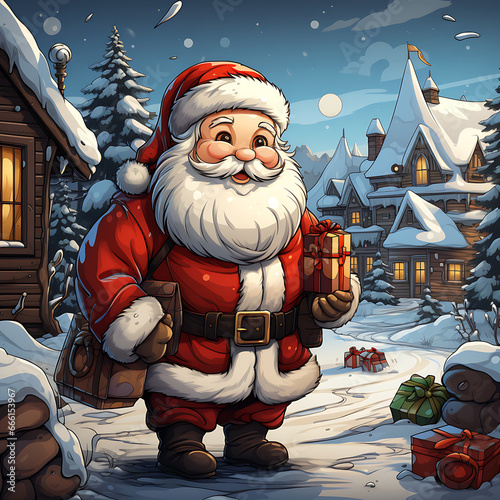 Christmas is a simple cartoon image. Cartoon santa claus standing in a snowy forest with a gift Vector illustration format, generative ai.