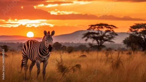 Africa sunset. Plains zebra  Equus quagga  in the grassy nature habitat with evening light in Lake Mburo NP in Uganda. Sunset in savanah. Animals with big trees.