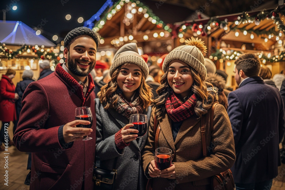 a group of people at a Christmas market at night with beautiful lights