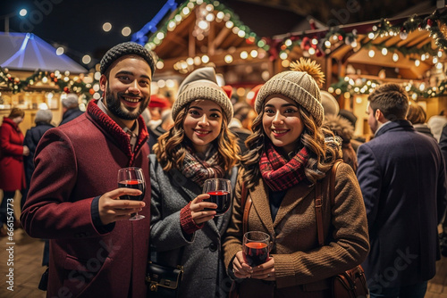 a group of people at a Christmas market at night with beautiful lights © Grau Photographers