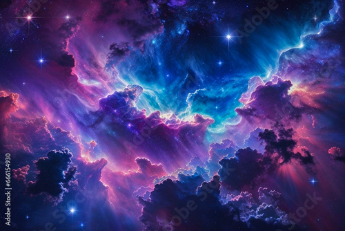 Colorful space galaxy cloud nebula. Stary night cosmos. Universe science astronomy. Supernova background wallpaper © Grau Photographers