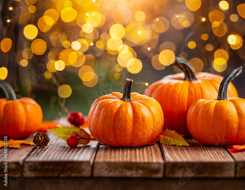 pumpkins on a wooden table, halloween background
