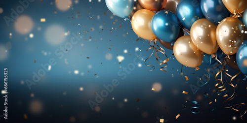 Hintergrund für eine Grußkarte zum Geburtstag oder zu Weihnachten. Goldene und blaue Ballons mit Glitter und Konfetti. Ideal auch als Einladung oder zur Gratulation als Banner.  photo