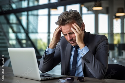 Mann mit Kopfschmerzen am Arbeitsplatz im Büro. Überanstrengung und Verzweiflung am Laptop im Business. Verspannungen und schmerzen durch Überarbeitung. photo