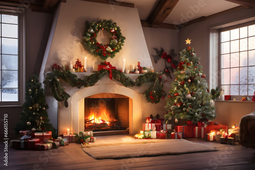 Christmas decorated living room with an open hearth, Christmas tree, Christmas lights and candles