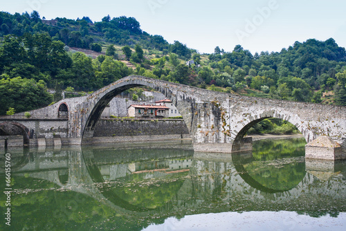 Ponte del Diavolo crossing the Serchio river near the town of Borgo a Mozzano in the Italian province of Lucca