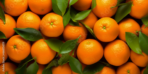 Background of fresh mandarins with green leaves. Top view. Banner.