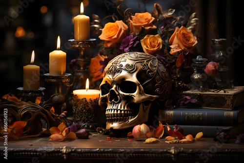 scary, horror halloween skull with halloween burning candles, creepy flowers and books on table 