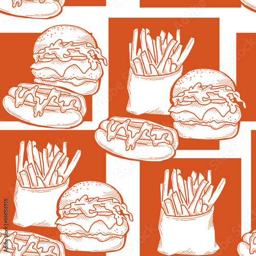 Fast food seamless vector pattern with hamburger, french fries, hot dog. Decorative design for wrapping paper, fabric print, digital background. Hand drawn doodle style cartoon illustration.