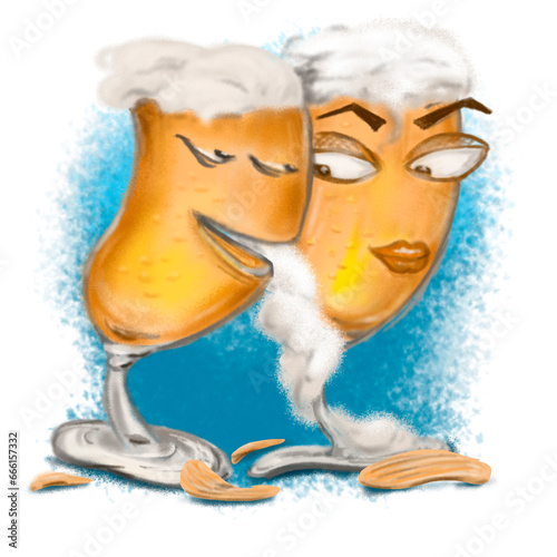 Fototapeta Naklejka Na Ścianę i Meble -  Funny glasses with beer flirt. Humorous illustration. Joke