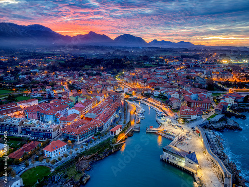 Aerial view of Llanes at sunset in Asturias.