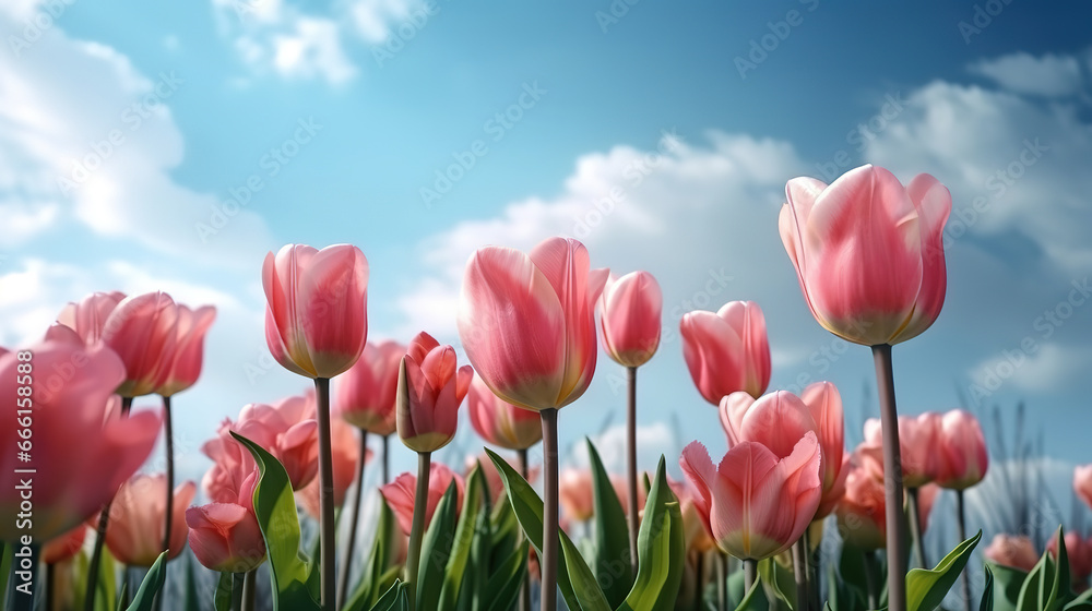 Vibrant beauty romantic flora nature, Beauty tulips beautiful bouquet field. Generative Ai