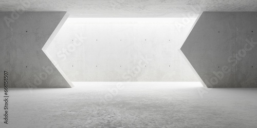 Abstract empty, modern concrete room with arrow opening backlit from above and rough floor - industrial interior background template