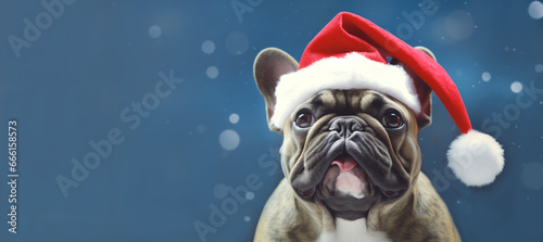 French bulldog in Santa Claus hat standing in the snowfall. Christmas design or advertising for dog food. Banner. © Nataliia