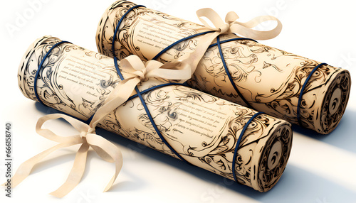 Pair of ancient coils on isolated white background, written, parchment, rope