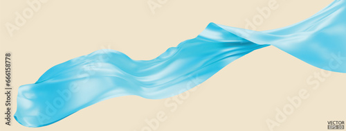 Flying light blue silk textile fabric flag background. Smooth elegant blue Satin Isolated on beige Background for grand opening ceremony. Blue ice curtain. 3d vector illustration