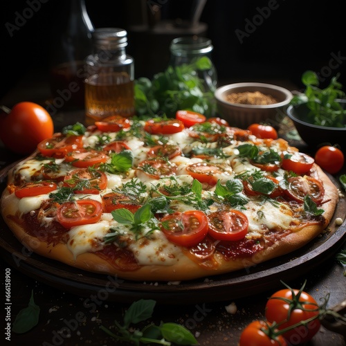 Tasty vegetarian pizza with cherry tomatoes, mozzarella cheese and fresh oregano.